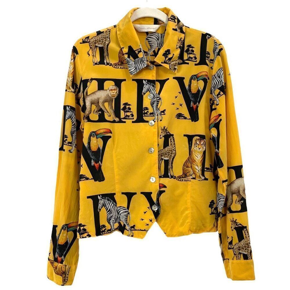 Vintage Peter Martin 100% silk alphabet animal zoo print button up shirt top Siz